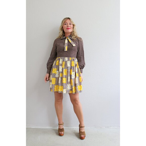 1970's Vintage Cocoa & Plaid Mini Dress Women's Double Extra Small XXS to XS 0 2 - Picture 6 of 10